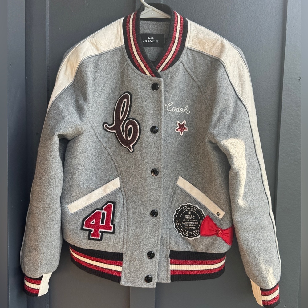 Coach Gray Metallic Patch Wool Varsity Jacket
with Red and White Details - Picture 4 of 14